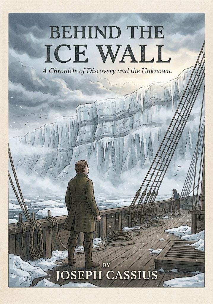Book cover of Behind the Ice Wall by Joseph Cassius, showing a man standing on a ship's deck facing a towering wall of ice