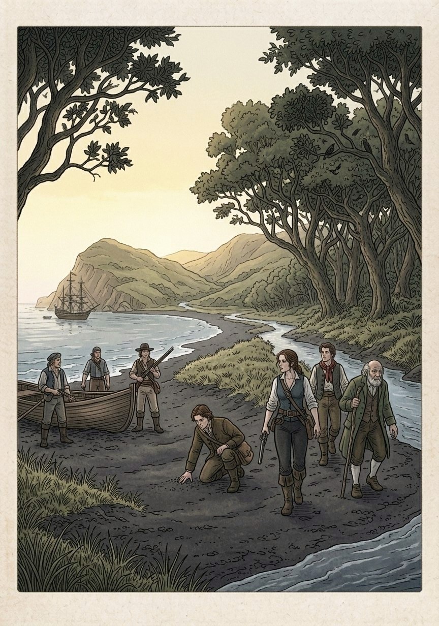 Illustration of a small group walking along a wild coastal shoreline lined with trees, with their ship anchored offshore
