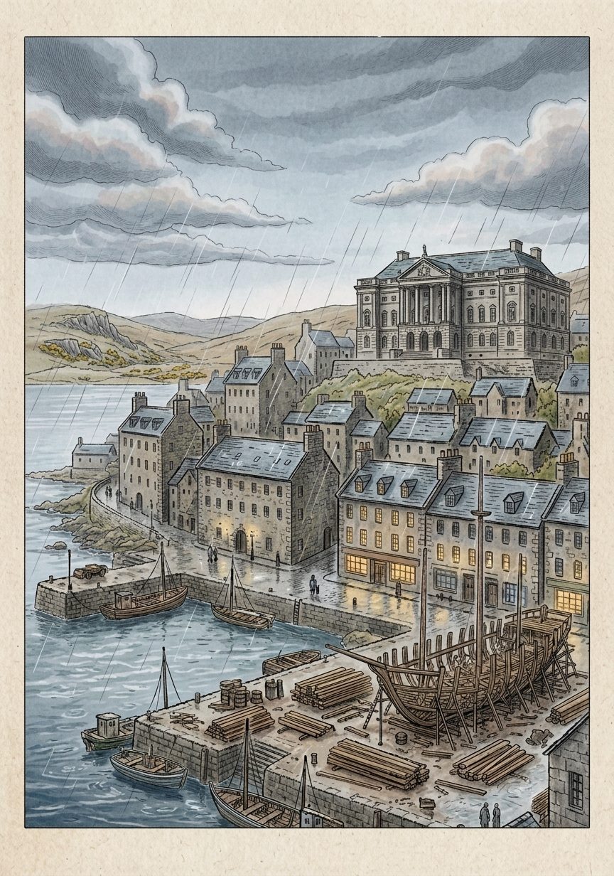 Illustration of Harrowport, a rain-swept harbor city with the granite Royal Archive overlooking the docks