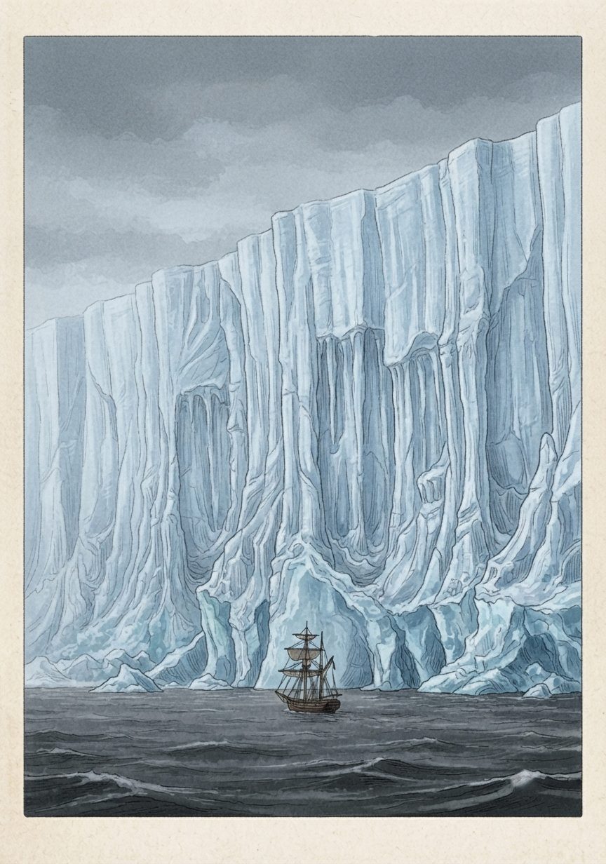 Illustration of a small sailing ship dwarfed by a towering, hundred-foot wall of ice