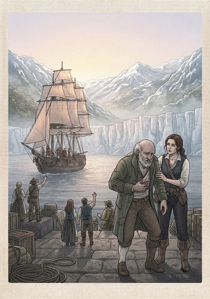 Illustration of the ship Terror arriving at a stone dock beneath towering ice cliffs and snow-capped mountains, with figures watching from the quay